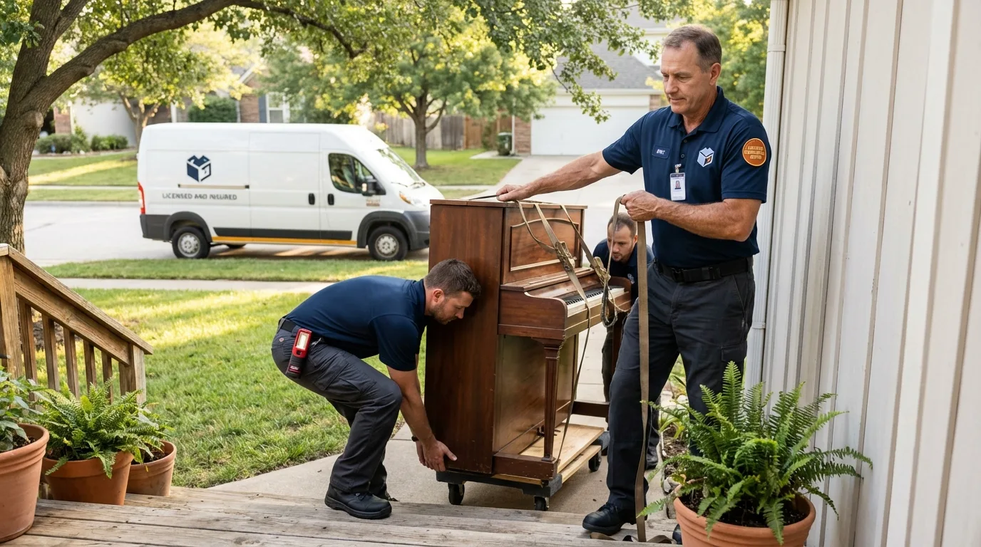 Licensed piano movers securing grand piano in Bernardsville, NJ