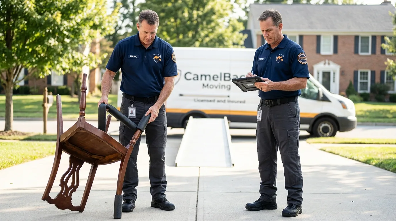 Movers inspecting furniture for damage prevention before loading in Bernardsville, NJ