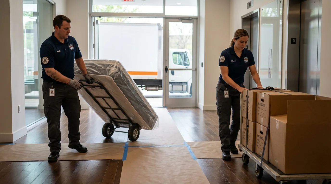 Professional apartment movers loading elevator in Bernardsville, NJ