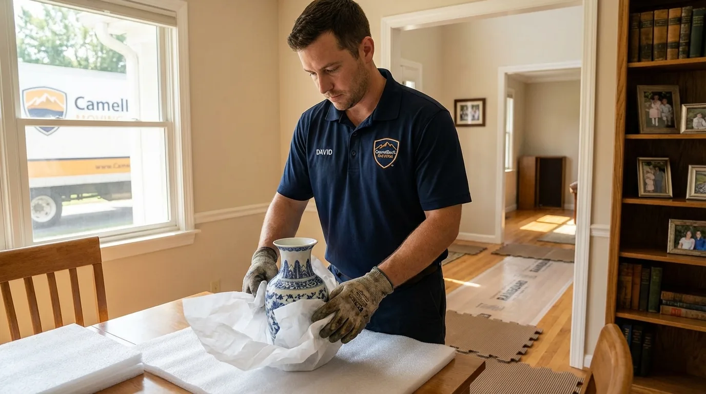 Professional crew carefully wrapping antique vase for senior downsizing move in Bernardsville, NJ