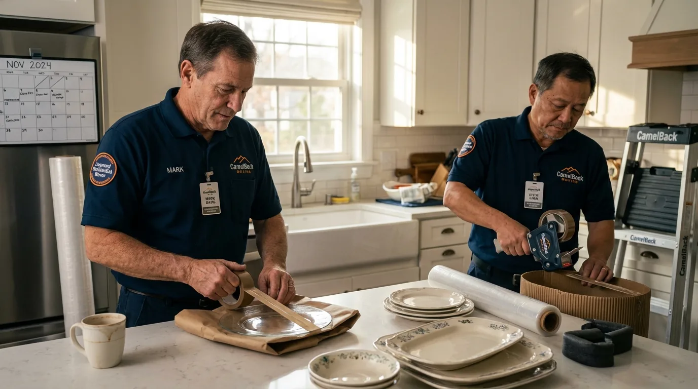 Professional crew packing kitchen dishware in Bernardsville, NJ